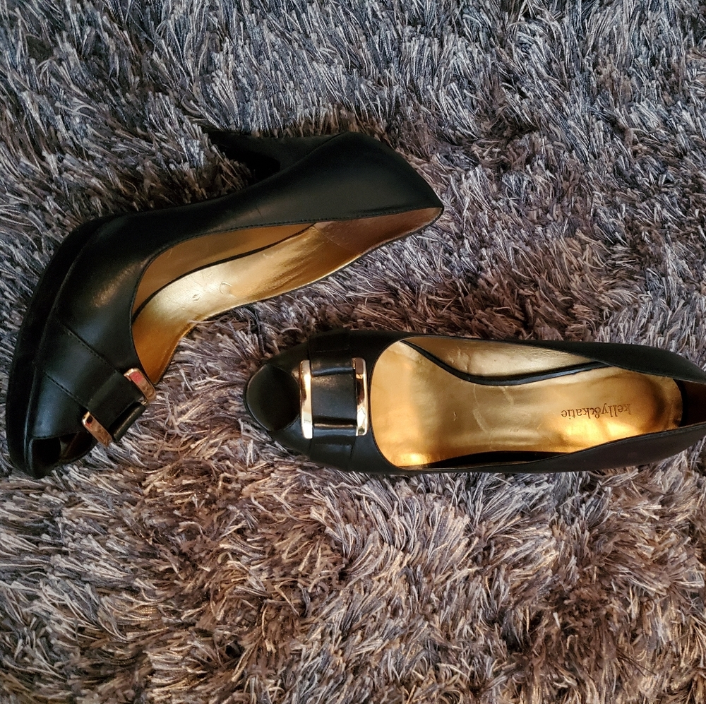 Black Leather Peep Toe w/Gold Tone Buckle